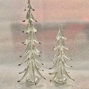 Blown Glass Christmas Pine Tree Figurine White with Gold Tips Set of 2